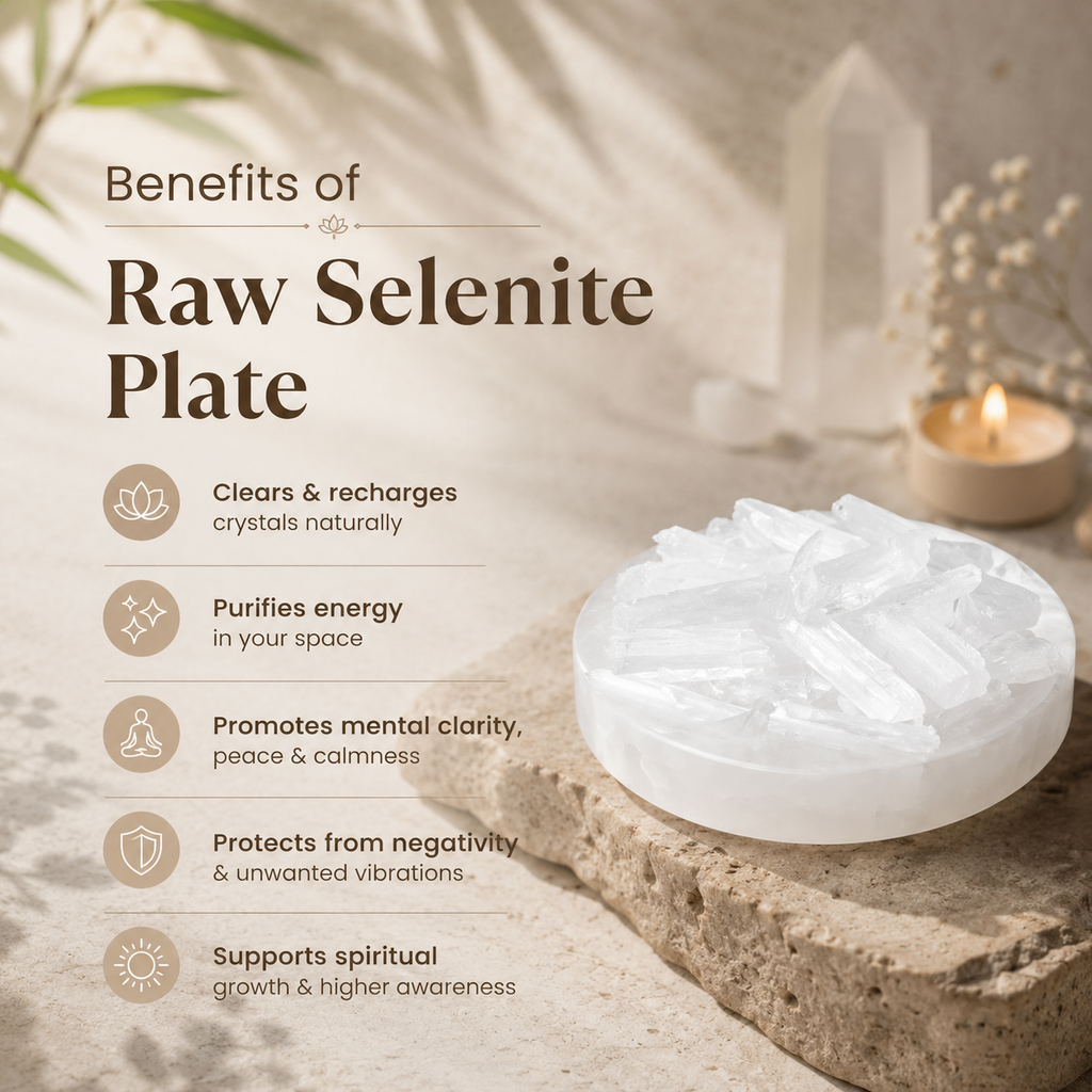 Benefits of Moroccan raw selenite plate for crystal cleansing, recharging, peace and positive energy