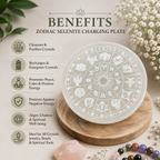 Benefits and features of a natural zodiac selenite charging plate for crystal cleansing and spiritual practices