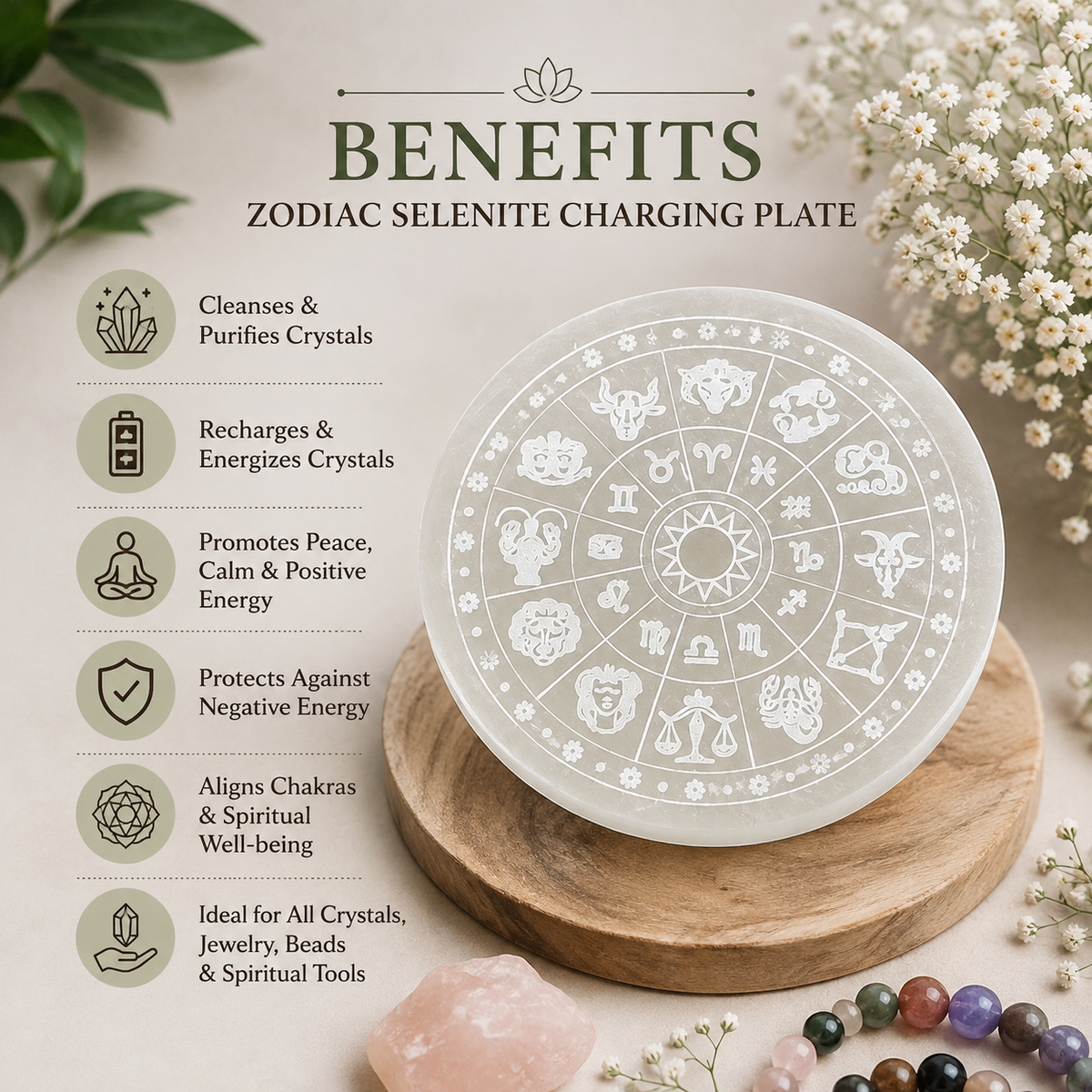 Benefits and features of a natural zodiac selenite charging plate for crystal cleansing and spiritual practices