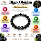 Divyazone Black Obsidian Crystal Bracelet highlighting key benefits including protection from negative energy, grounding, inner strength, mental clarity, stress relief, and emotional balance.