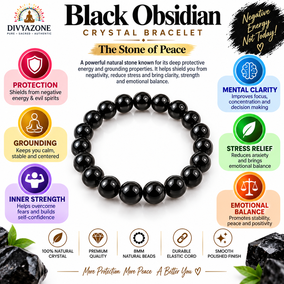 Divyazone Black Obsidian Crystal Bracelet highlighting key benefits including protection from negative energy, grounding, inner strength, mental clarity, stress relief, and emotional balance.