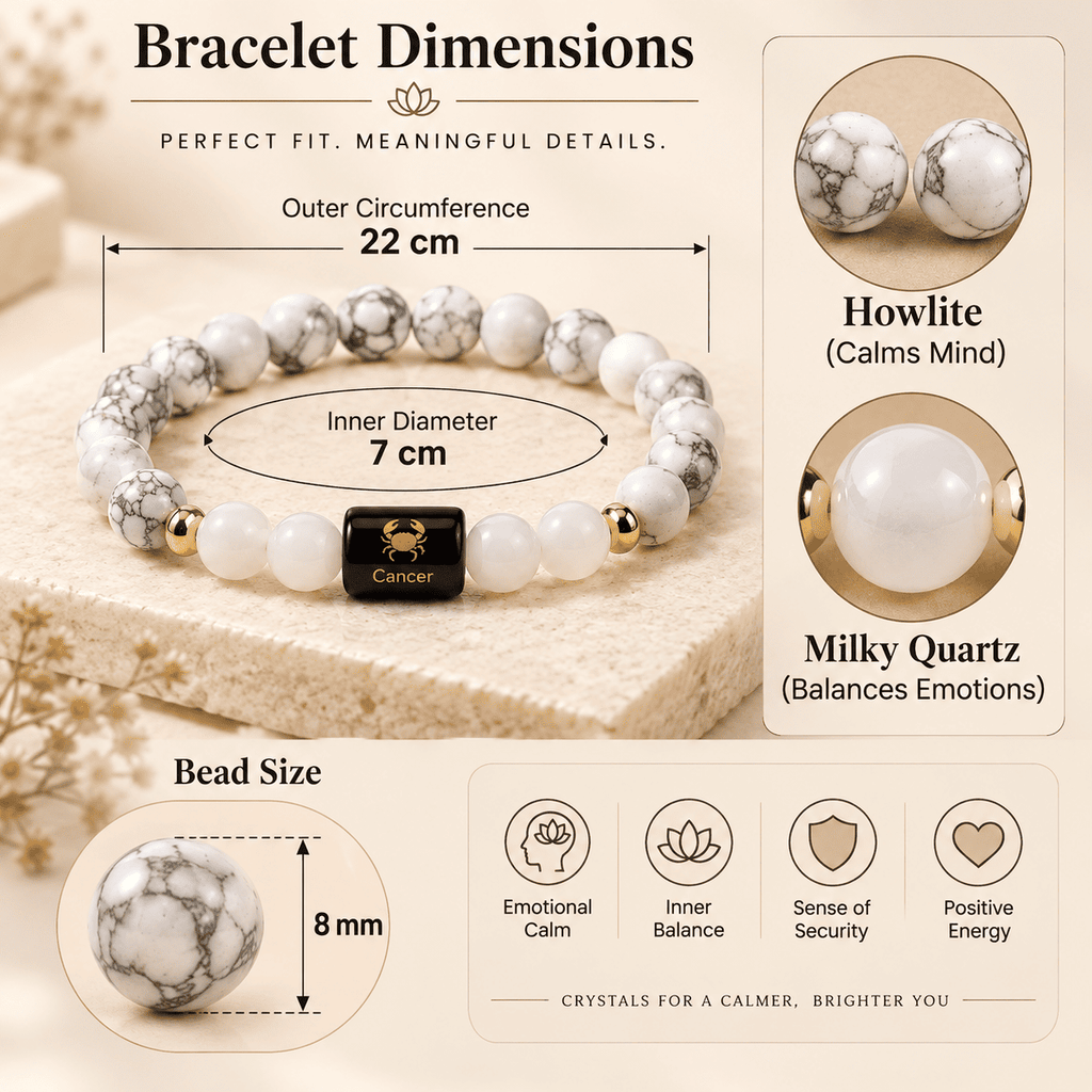 Cancer zodiac bracelet showing 22 cm outer circumference, 7 cm inner diameter, 8mm bead size, Howlite and Milky Quartz crystal details