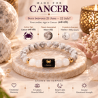 Cancer zodiac bracelet with Howlite and Milky Quartz crystals styled on a calm cream background representing emotional balance and inner peace