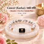 Cancer zodiac crystal bracelet with Howlite and Milky Quartz beads displayed on a soft creamy background