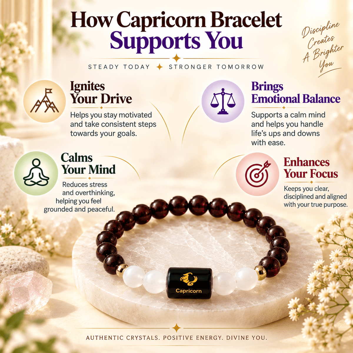 Capricorn Makar Rashi bracelet highlighting benefits for focus, balance, ambition and positive energy