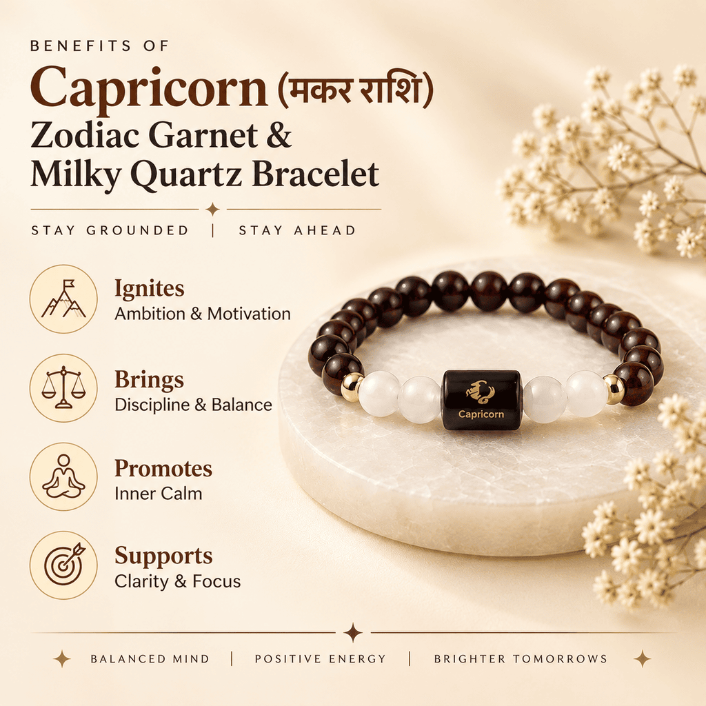 Capricorn bracelet with Garnet and Milky Quartz crystals showing key benefits and crystal properties