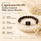 Capricorn bracelet with Garnet and Milky Quartz crystals showing key benefits and crystal properties
