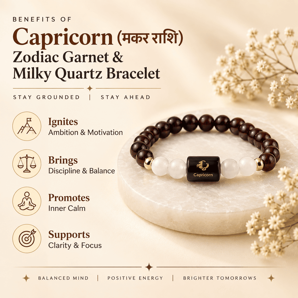 Capricorn bracelet with Garnet and Milky Quartz crystals showing key benefits and crystal properties