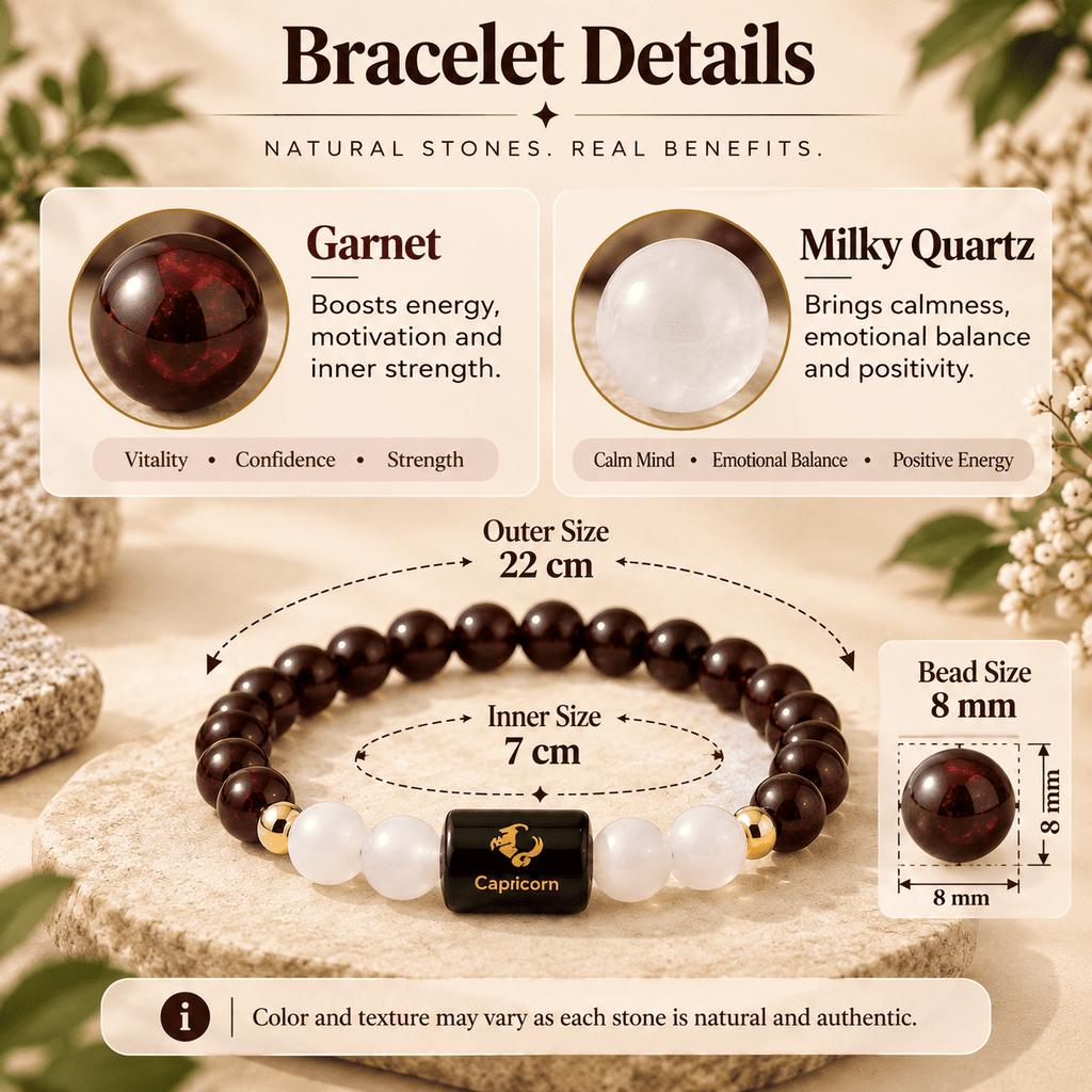 Capricorn zodiac bracelet featuring Garnet and Milky Quartz with crystal details