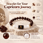 Capricorn Makar Rashi bracelet featuring natural Garnet and Milky Quartz crystals, with Saturn ruling planet details and crystal benefits.
