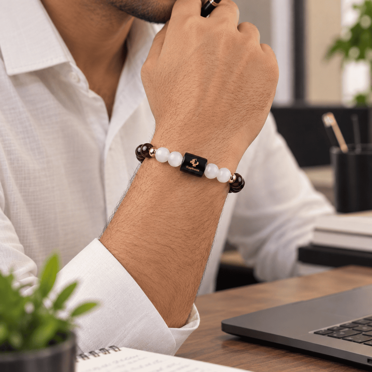 Capricorn Makar Rashi bracelet with Garnet and Milky Quartz for a balanced zodiac journey