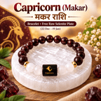 Capricorn Makar Rashi bracelet with natural Garnet and Milky Quartz crystals on a Selenite plate