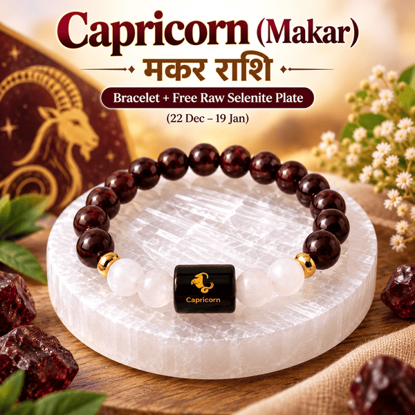 Capricorn Makar Rashi bracelet with natural Garnet and Milky Quartz crystals on a Selenite plate