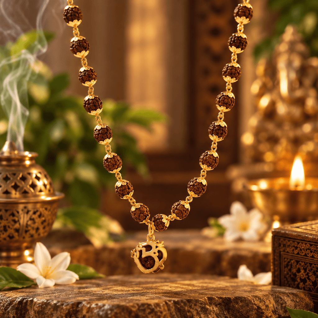 Original Rudraksha Mala Chain with Gold Plated Om Pendant for Men