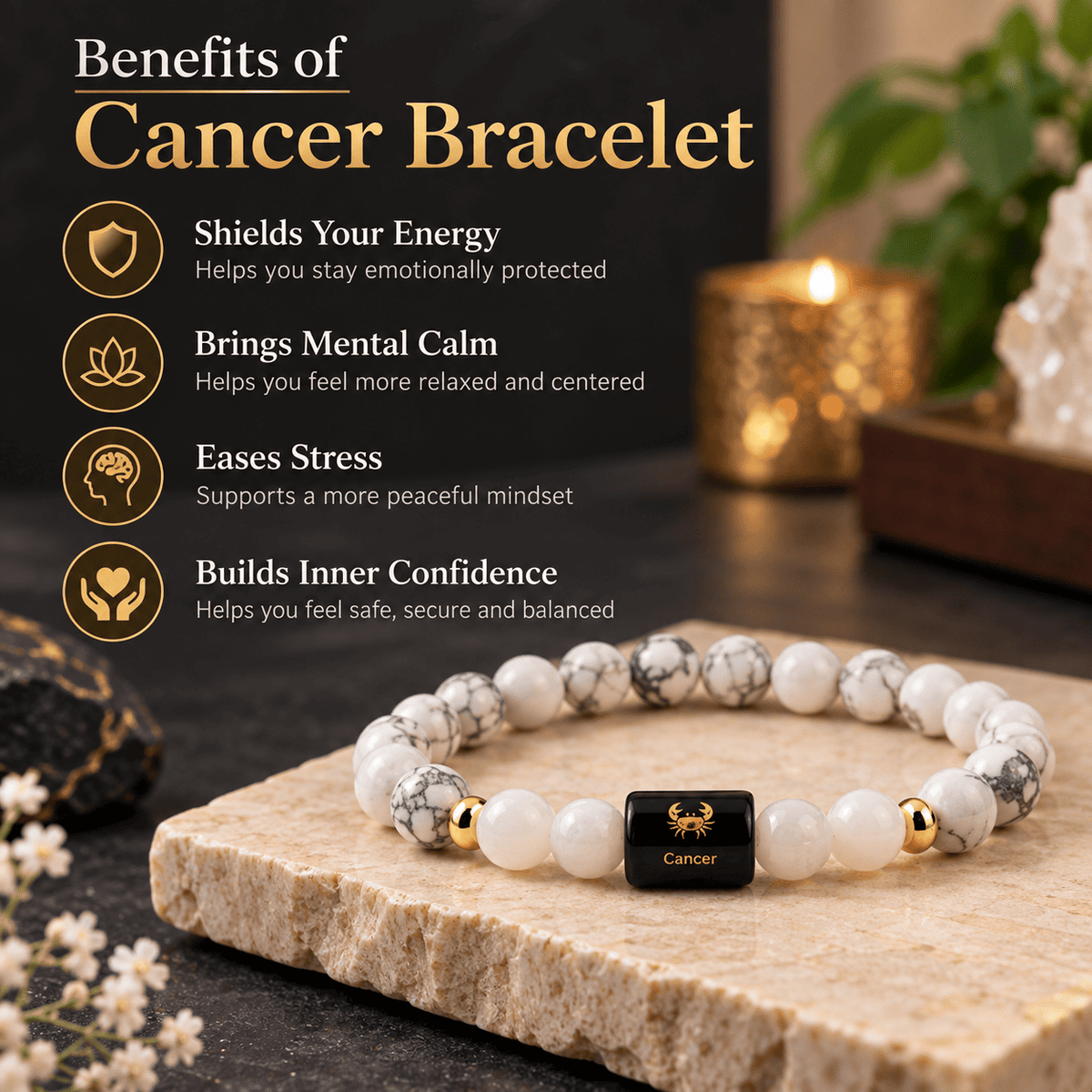 Cancer Zodiac Sign Bracelet | Howlite & Milky Quartz Crystal | Kark Rashi