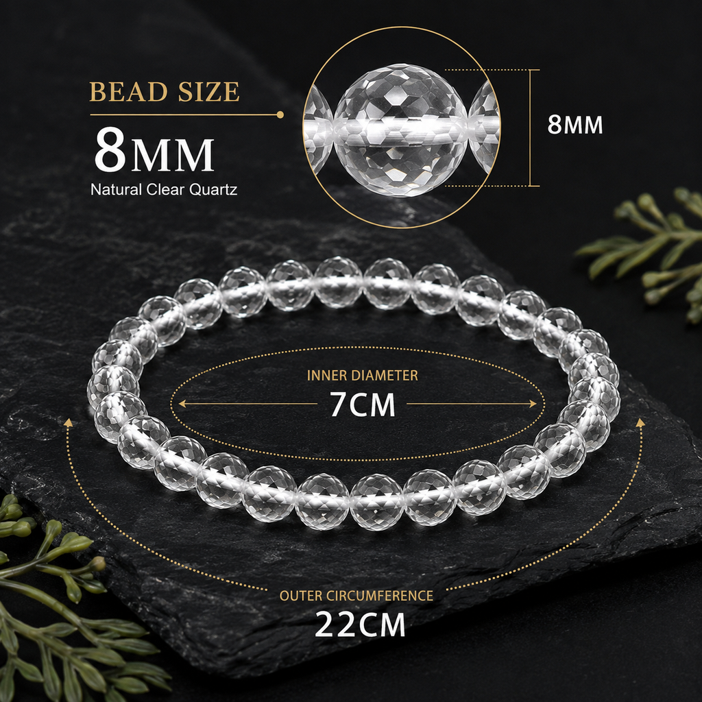 8mm natural Clear Quartz bracelet with 7cm and 22cm size details