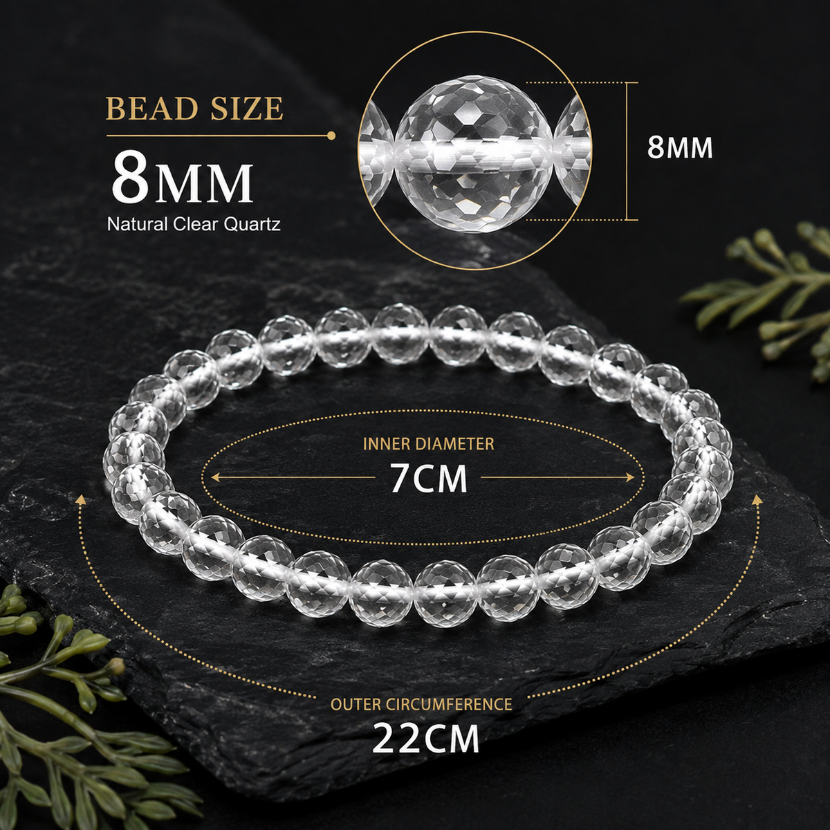 8mm natural Clear Quartz bracelet with 7cm and 22cm size details