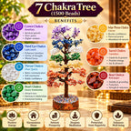 Seven chakra gemstone tree with illustrated panels describing positivity, harmony, prosperity, meditation and protection