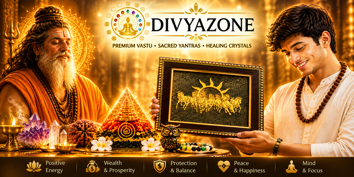 DIVYAZONE spiritual wellness banner featuring a meditating yogi surrounded by crystals, a happy man wearing Rudraksha mala and holding a crystal, and a premium gift box with 7 Horse Pyrite Frame, crystal pyramid, Rudraksha mala and spiritual products