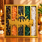 Dhan Yog 7 running horses crystal frame with five multicolour gemstone panels and golden sun motif