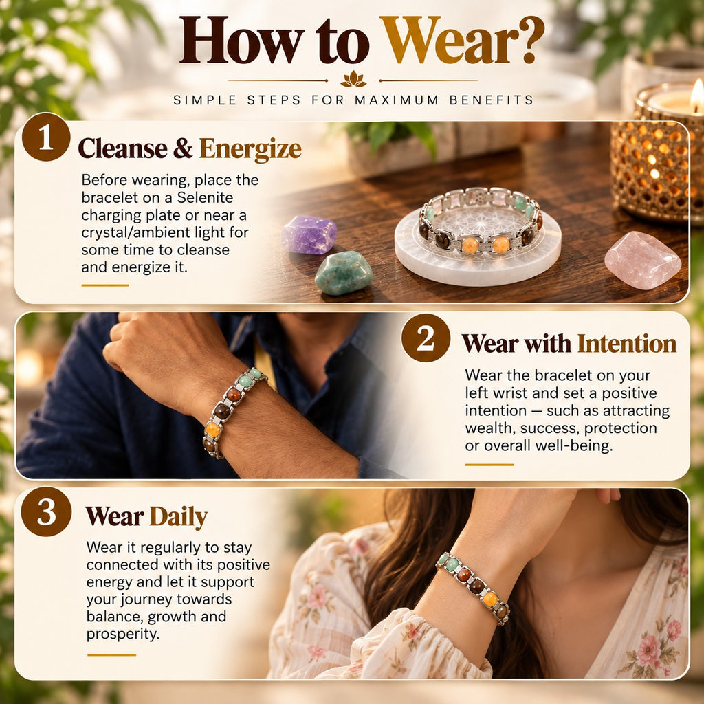 Dhan Yog crystal bracelet showing how to cleanse, wear with intention and wear daily on the wrist