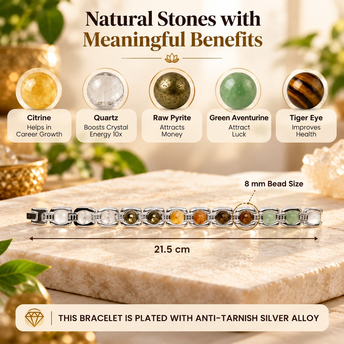 Dhan Yog bracelet featuring Citrine, Quartz, Raw Pyrite, Green Aventurine and Tiger Eye with 8 mm beads and 21.5 cm length