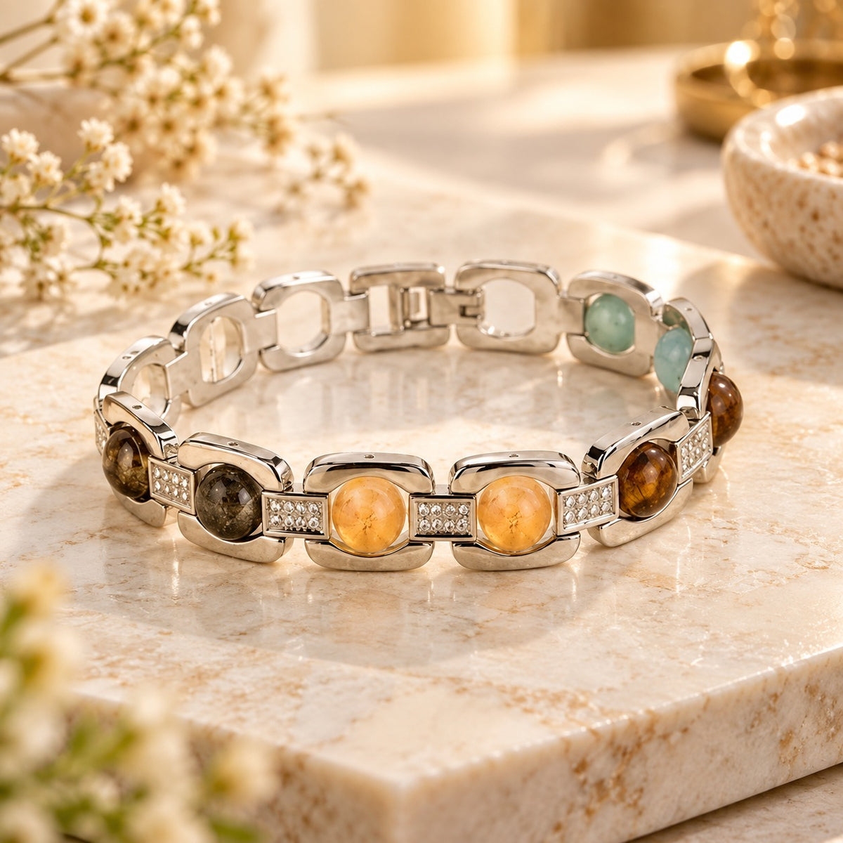 Dhan Yog silver-plated crystal bracelet featuring Tiger Eye, Pyrite, Citrine, Quartz and Green Aventurine stones