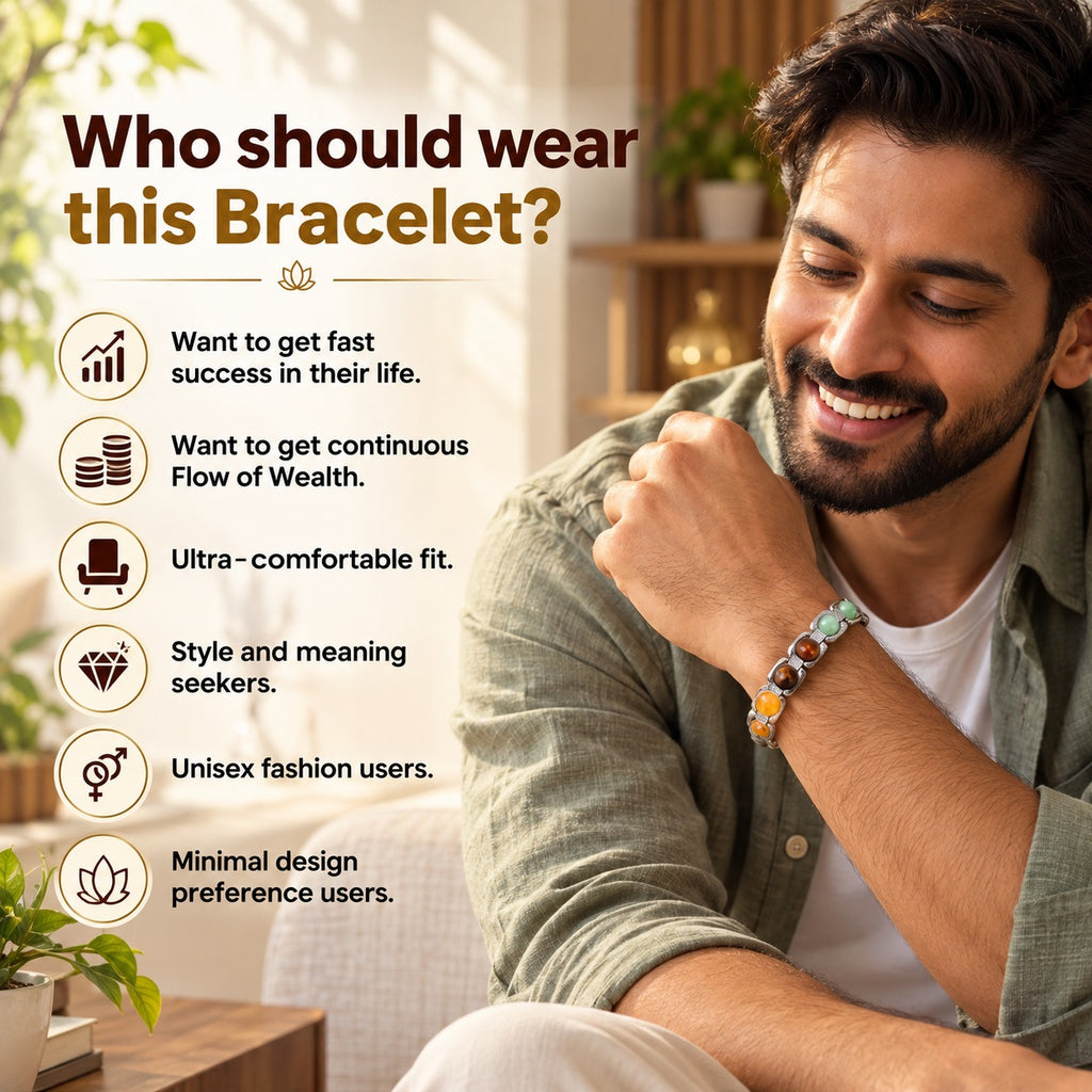 Dhan Yog crystal bracelet worn by a man, designed for style-conscious users seeking a meaningful gemstone accessory