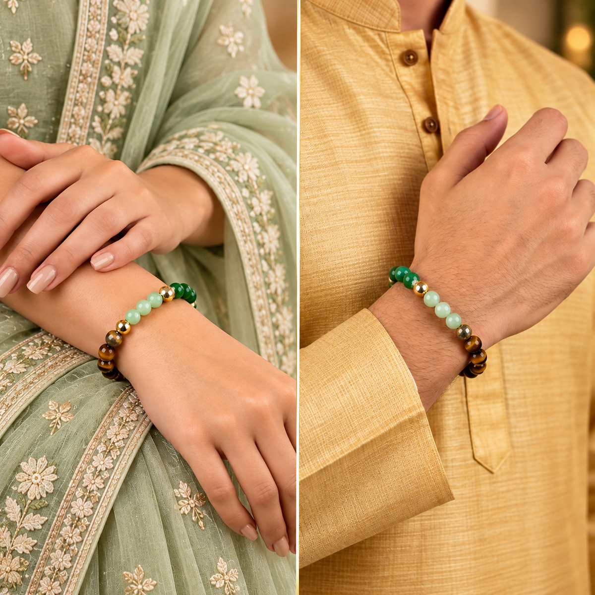 Dhan Yog crystal bracelet worn by a woman in traditional attire and a man in a golden kurta, featuring green, tiger eye, and gold-toned beads.