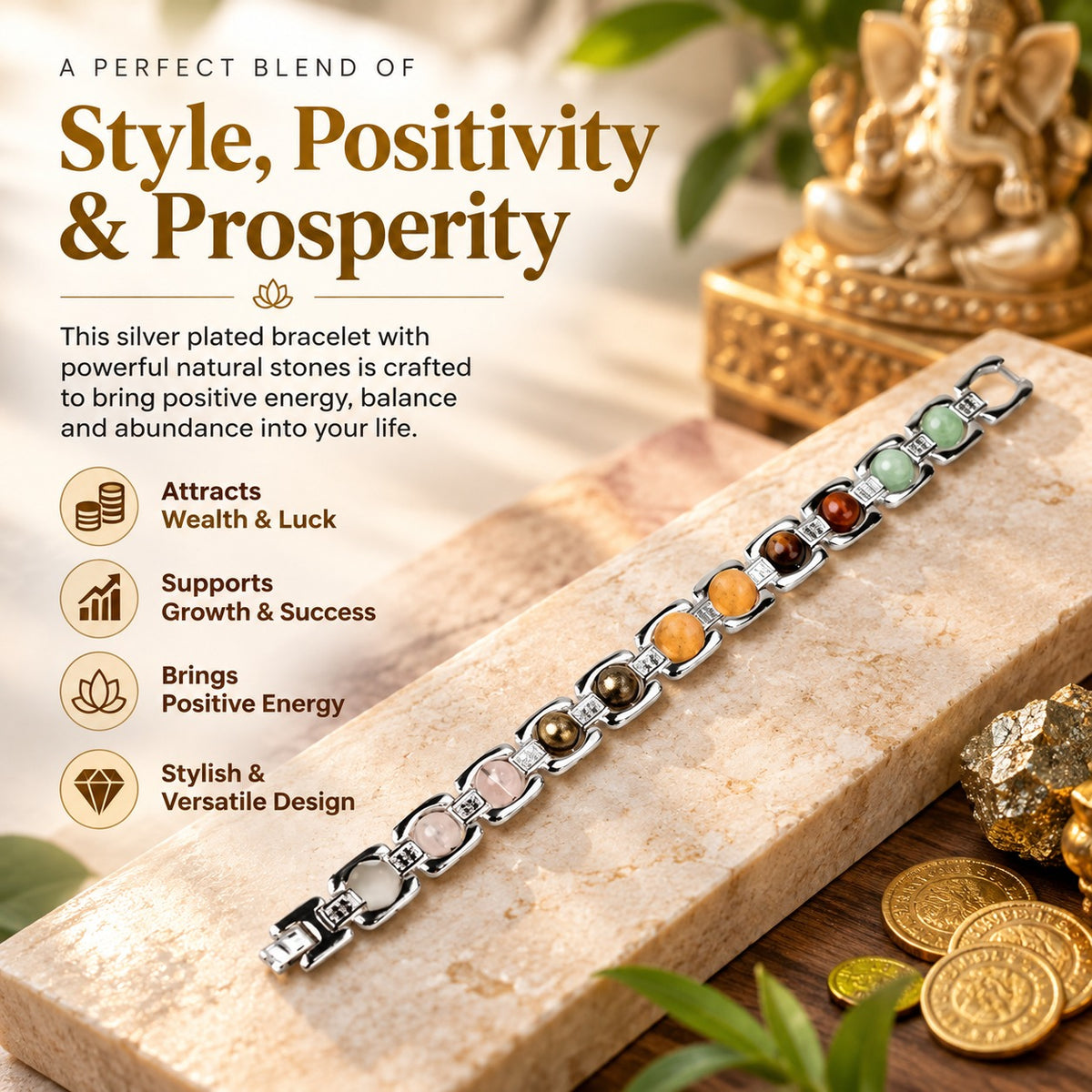 Silver-plated Dhan Yog crystal bracelet with natural gemstones styled with spiritual and prosperity-inspired decor
