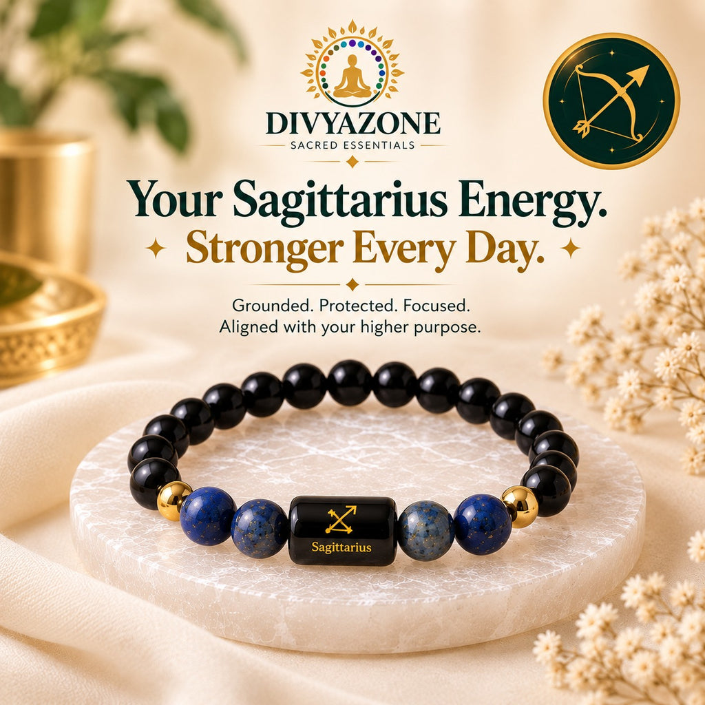 DivyaZone Sagittarius bracelet featuring black obsidian and lapis lazuli crystal beads, a Sagittarius charm, and elegant cream and gold brand styling.