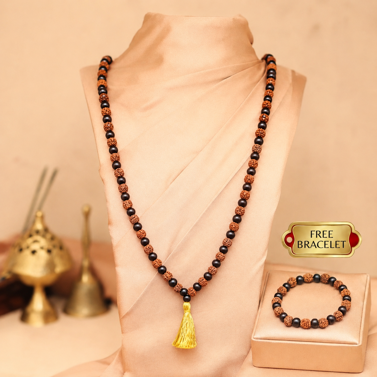 Divya Raksha Karungali Rudraksha Mala 8mm 108+1 beads with golden pendant and free bracelet