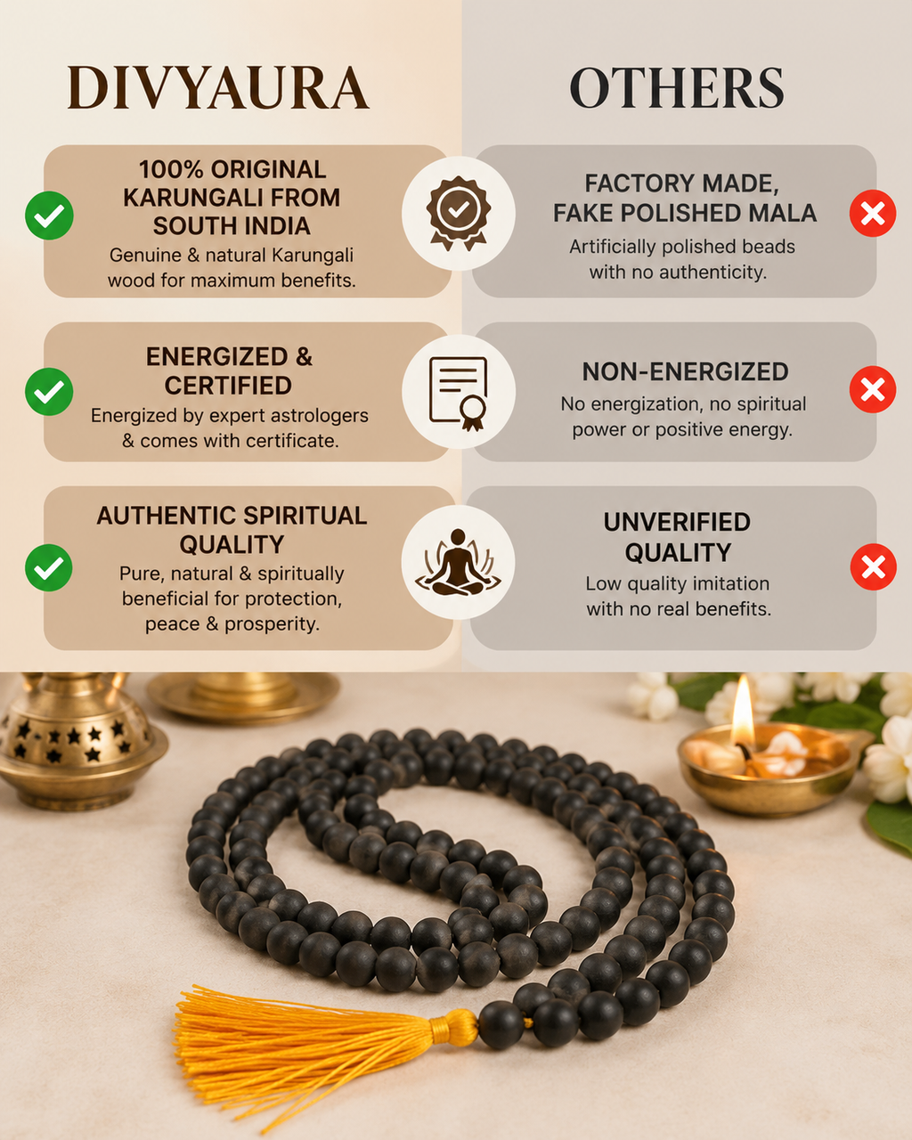 Divyaura Original Karungali Mala Comparison Showing Natural Ebony Wood, Lab Certified Quality and Handcrafted Finish