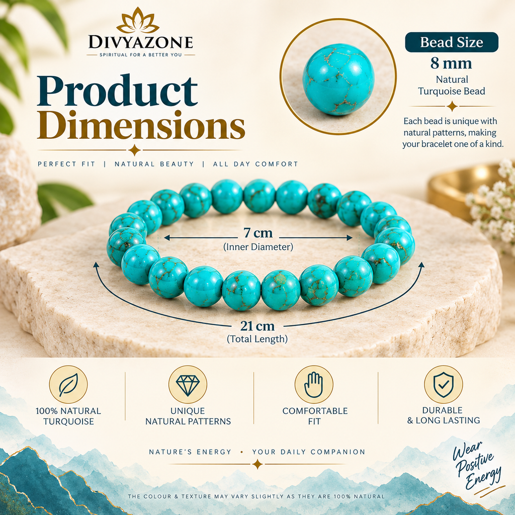 Divyazone Firoza bracelet showing 8 mm bead size, 7 cm inner diameter and 21 cm bracelet length