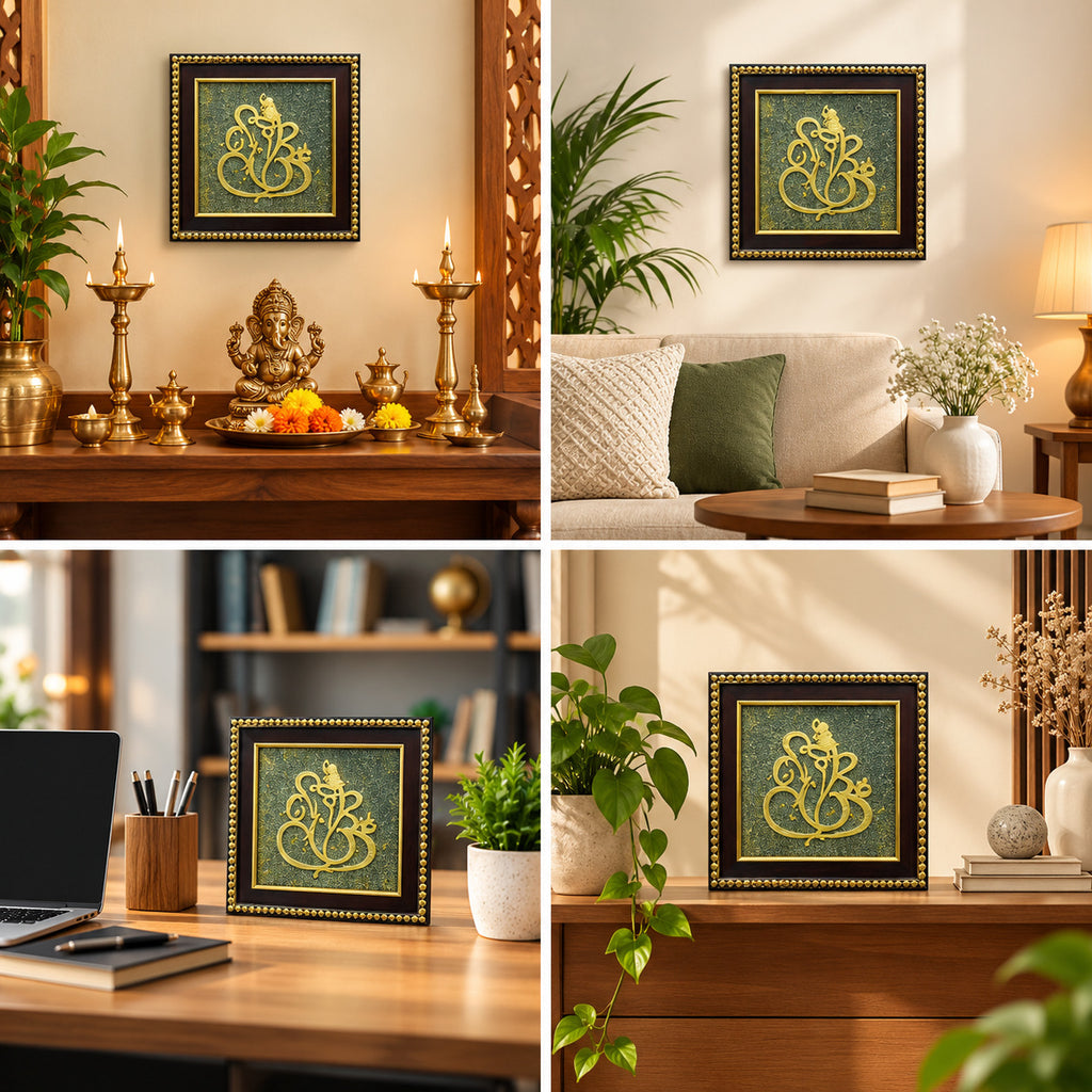 Ganesh Ji Raw Pyrite Frame displayed in home temple, living room, office and home decor settings