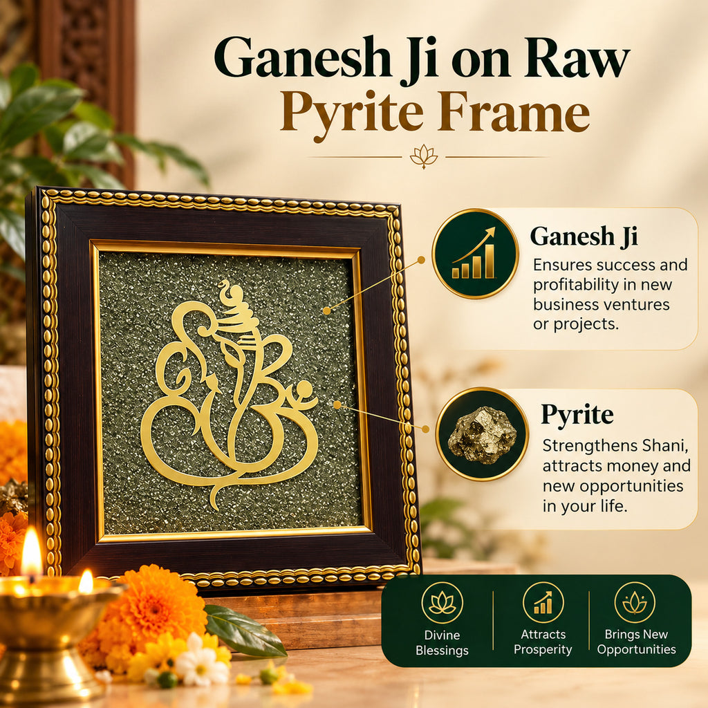 Ganesh Ji on Raw Pyrite Frame showing premium frame and raw pyrite surface details