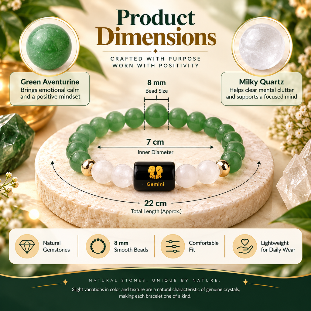Gemini bracelet showing 8 mm bead size, 7 cm inner diameter and approximately 22 cm total length | DivyaZone