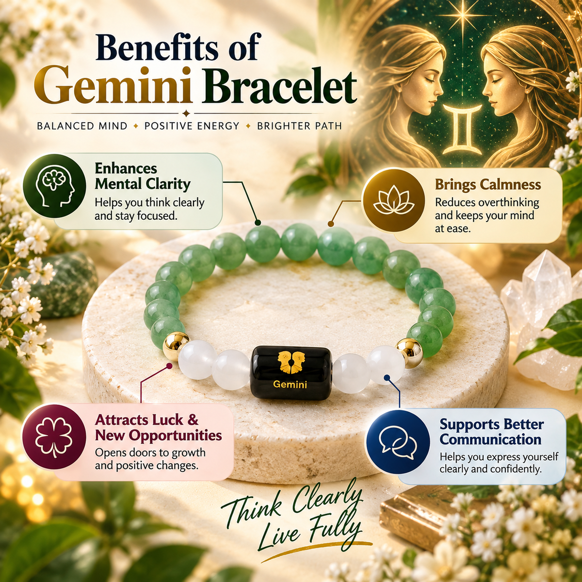 Gemini zodiac bracelet representing positive energy, luck, mental clarity and emotional balance | DivyaZone