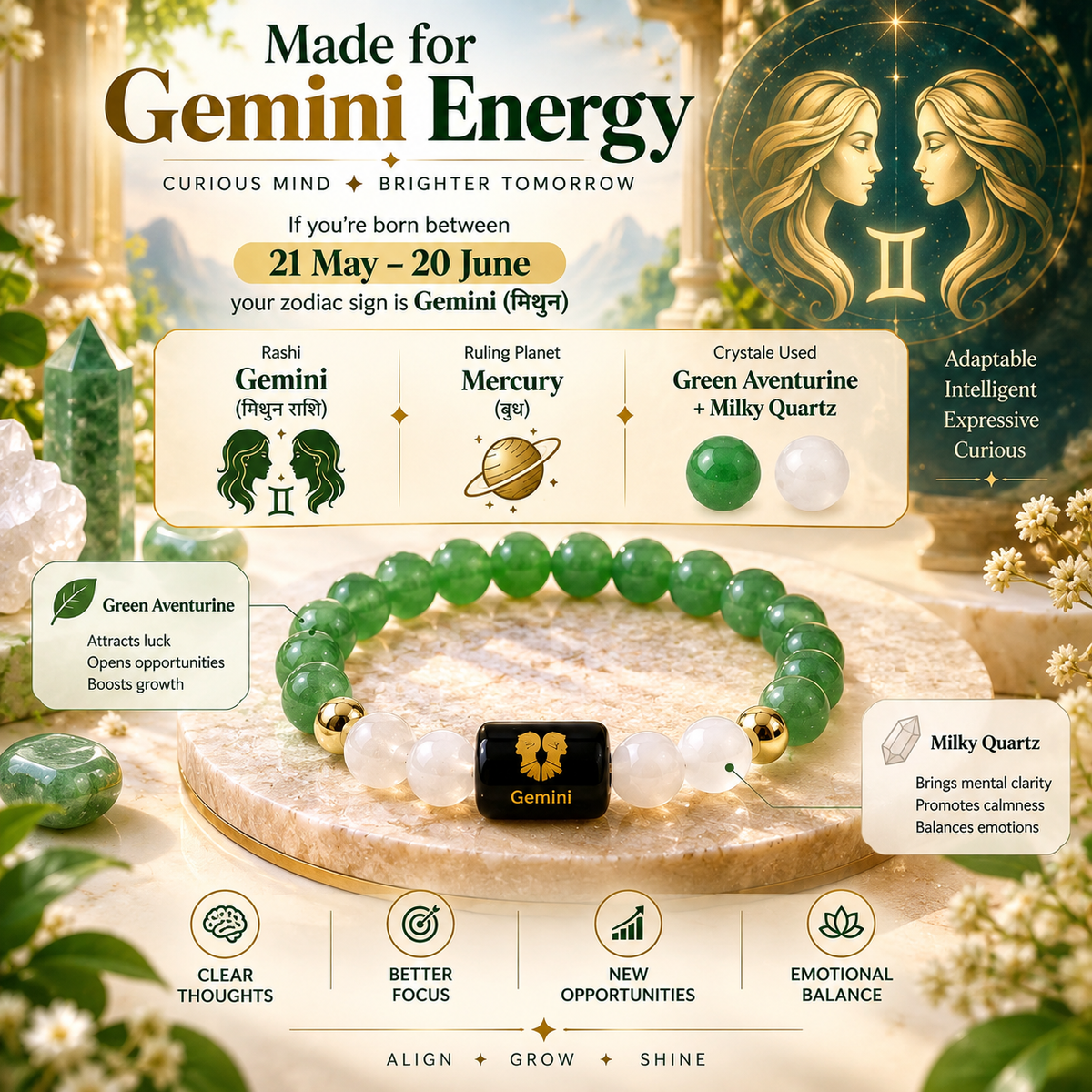 Gemini zodiac bracelet made with Green Aventurine and Milky Quartz for clarity, balance and positive energy | DivyaZone
