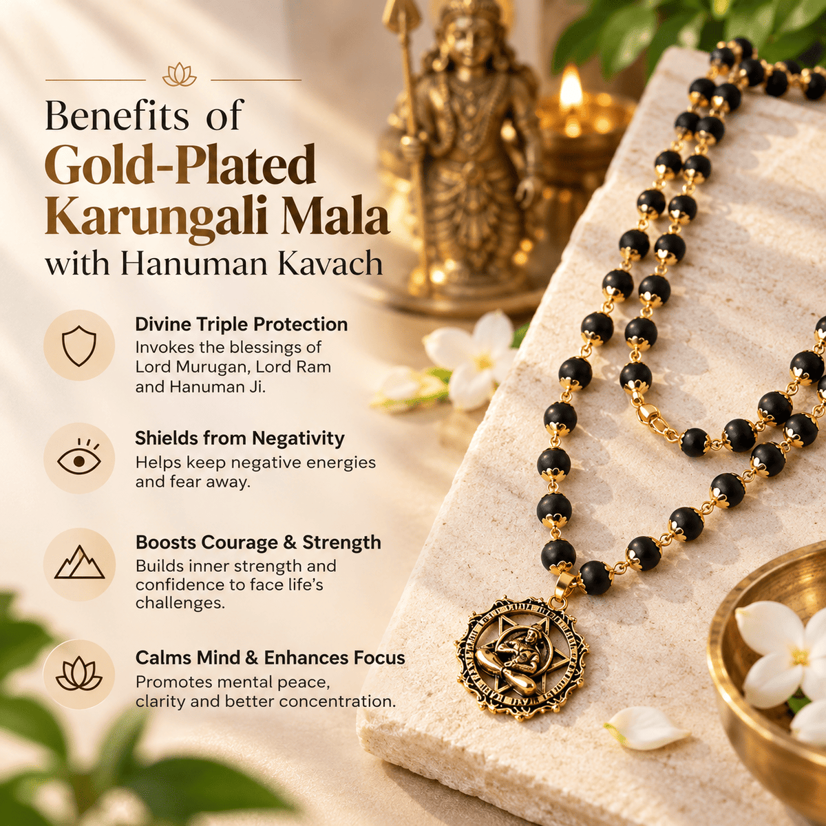 Man wearing a gold-plated Karungali Mala with Hanuman Kavach pendant for daily spiritual wear