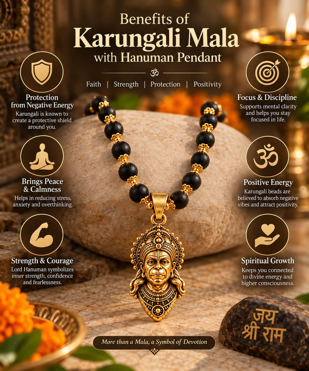 Detailed infographic showing the gold plated Hanuman pendant, Karungali beads, bead size and key features of the mala.