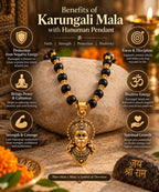 Detailed infographic showing the gold plated Hanuman pendant, Karungali beads, bead size and key features of the mala.