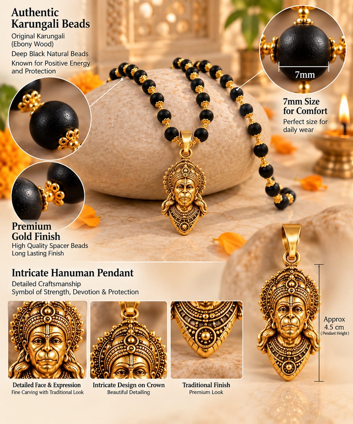 Product feature infographic highlighting the Karungali beads, gold plated Hanuman pendant and design details of the mala.