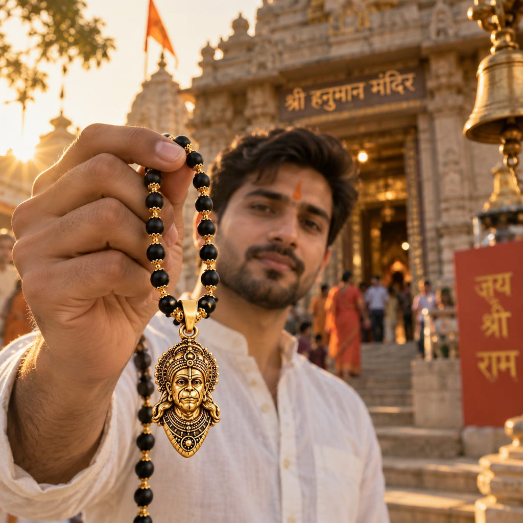 Indian man holding a gold plated Karungali mala with Hanuman pendant in front of a Hanuman temple.