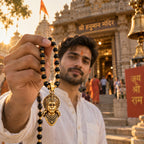 Indian man holding a gold plated Karungali mala with Hanuman pendant in front of a Hanuman temple.