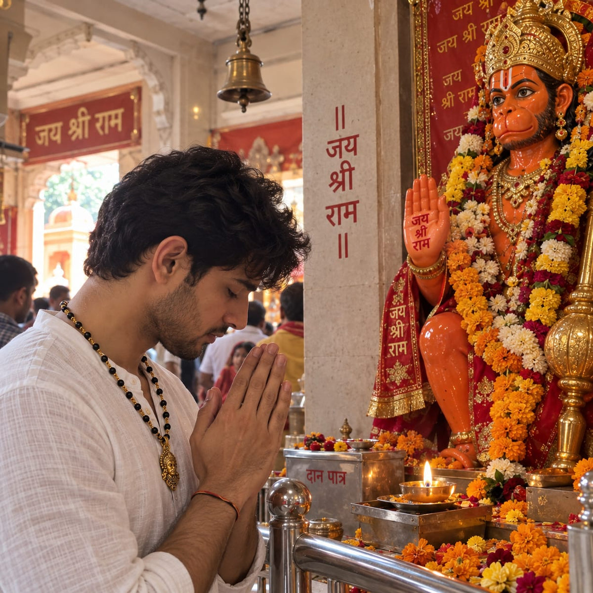 Indian man wearing a gold plated Karungali mala with Hanuman pendant during a devotional visit to a temple.