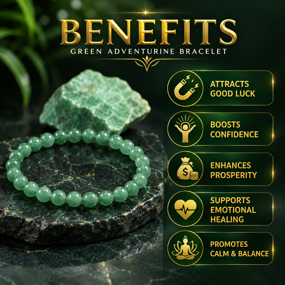 Green Aventurine bracelet benefits including good luck prosperity and positive energy
