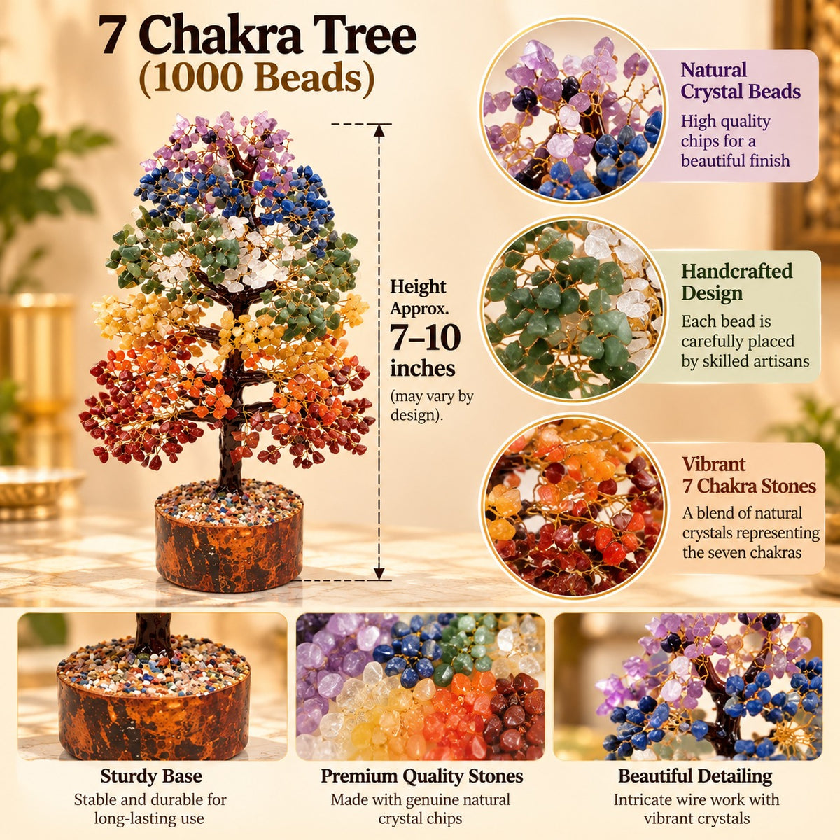 Detailed view of colorful crystal chips, golden wire branches and handcrafted base of a 1000 bead chakra tree