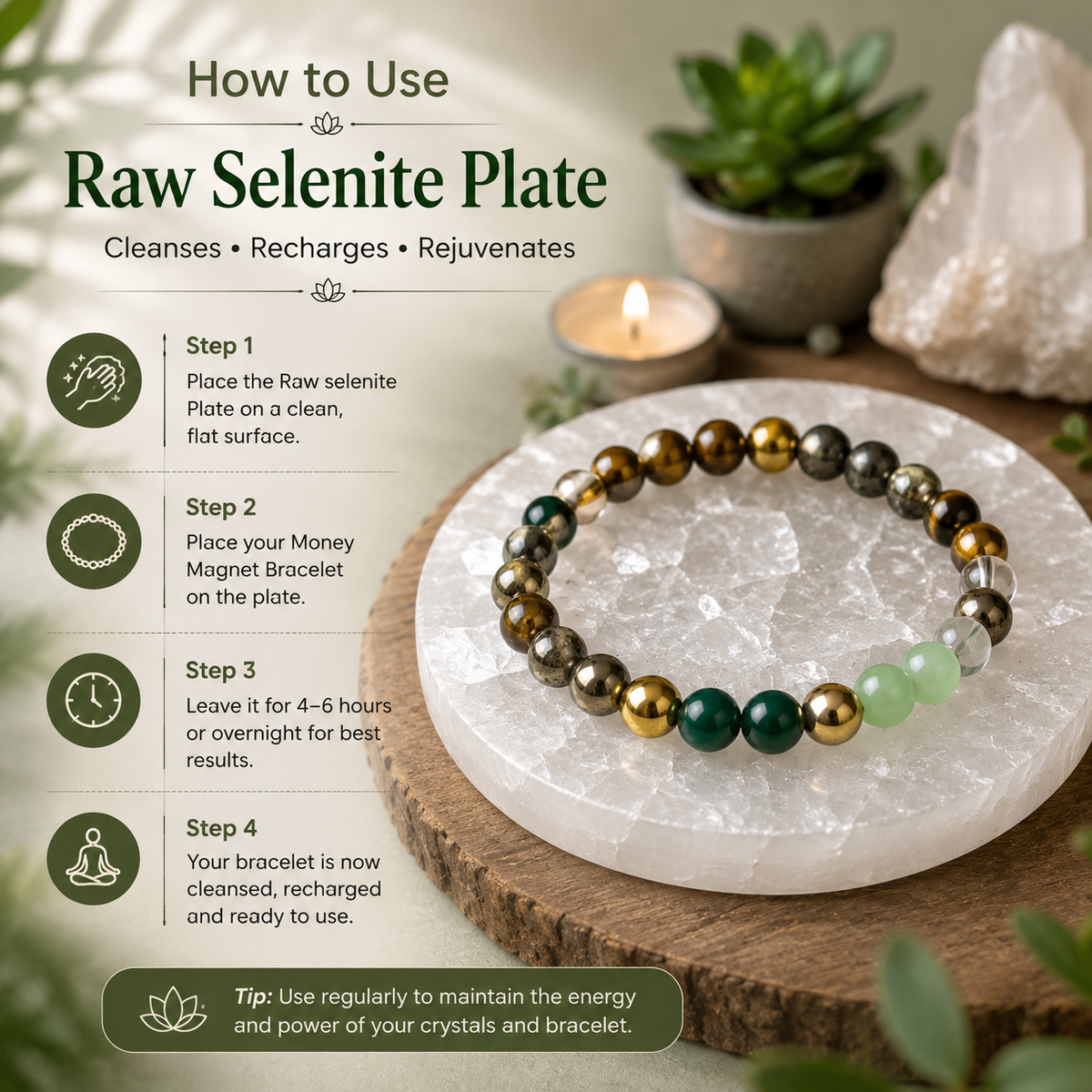 How to use a Moroccan raw selenite plate to cleanse and recharge a crystal bracelet