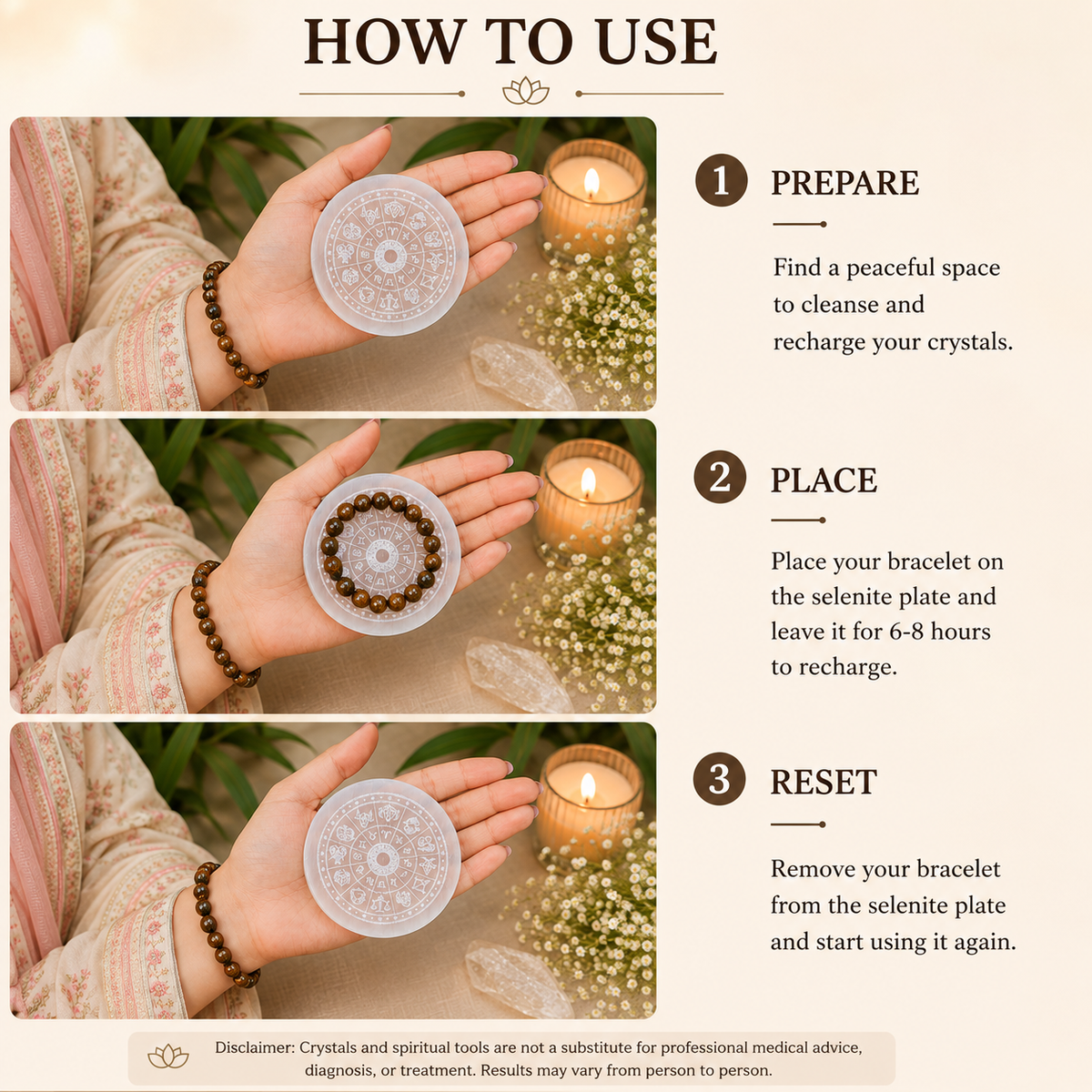 How to use a zodiac selenite plate to place and recharge a crystal bracelet